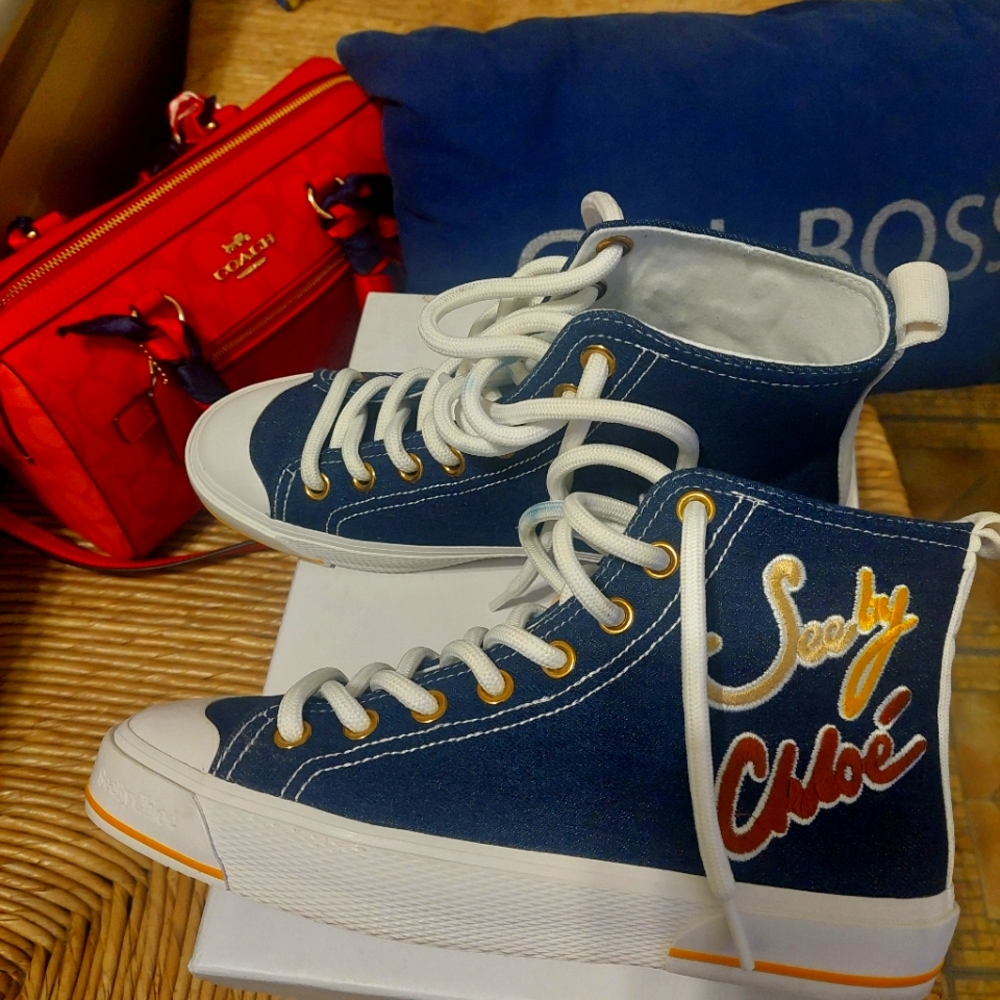 See By Chloe denim high top sneakers size 38.